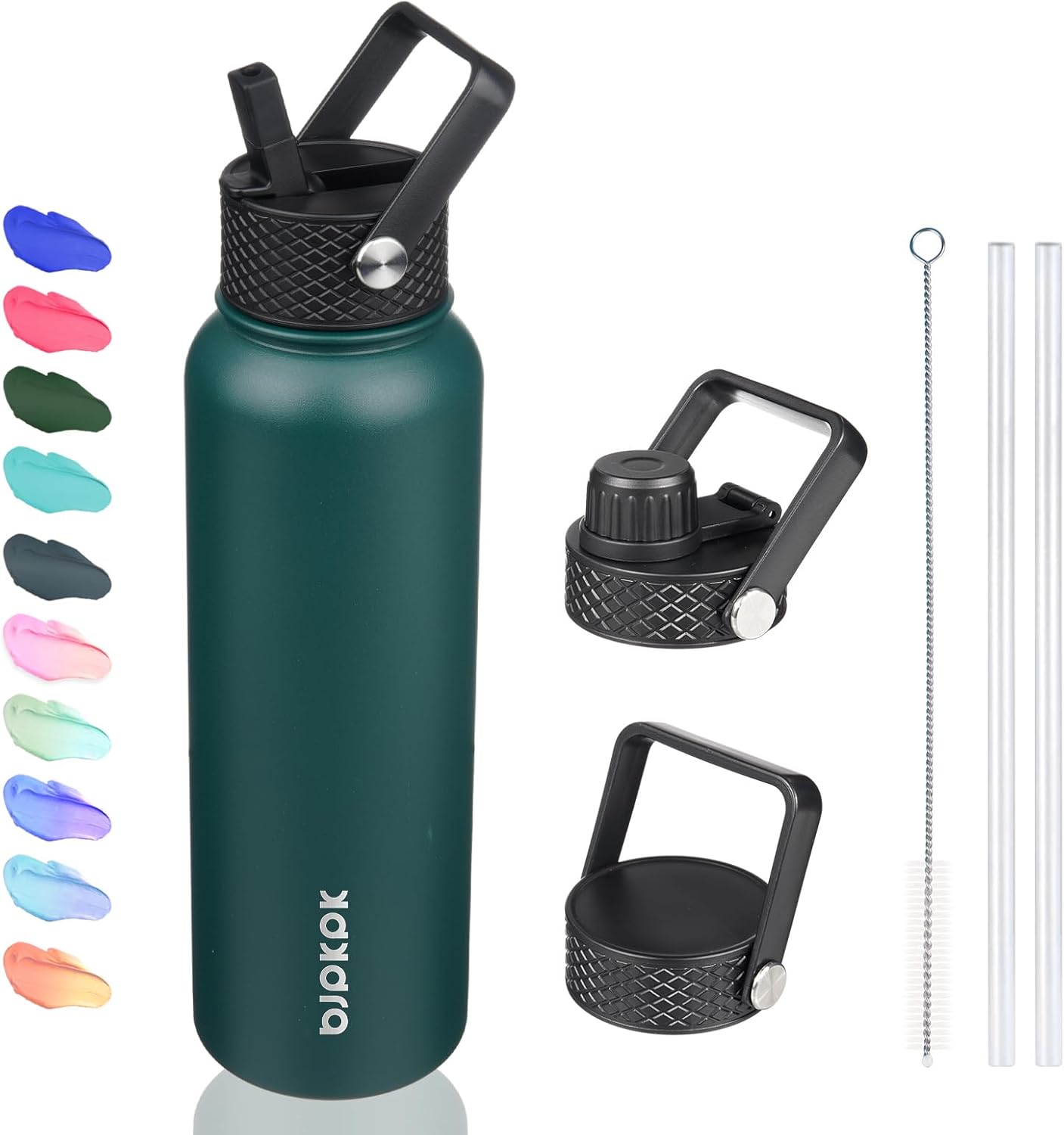 BJPKPK Insulated Water Bottles with Straw Lid, 40oz Stainless Steel Water Bottles with 3 Lids, BPA Free Leakproof Thermos, Tumblers, Cups for Sports, Gym In Green