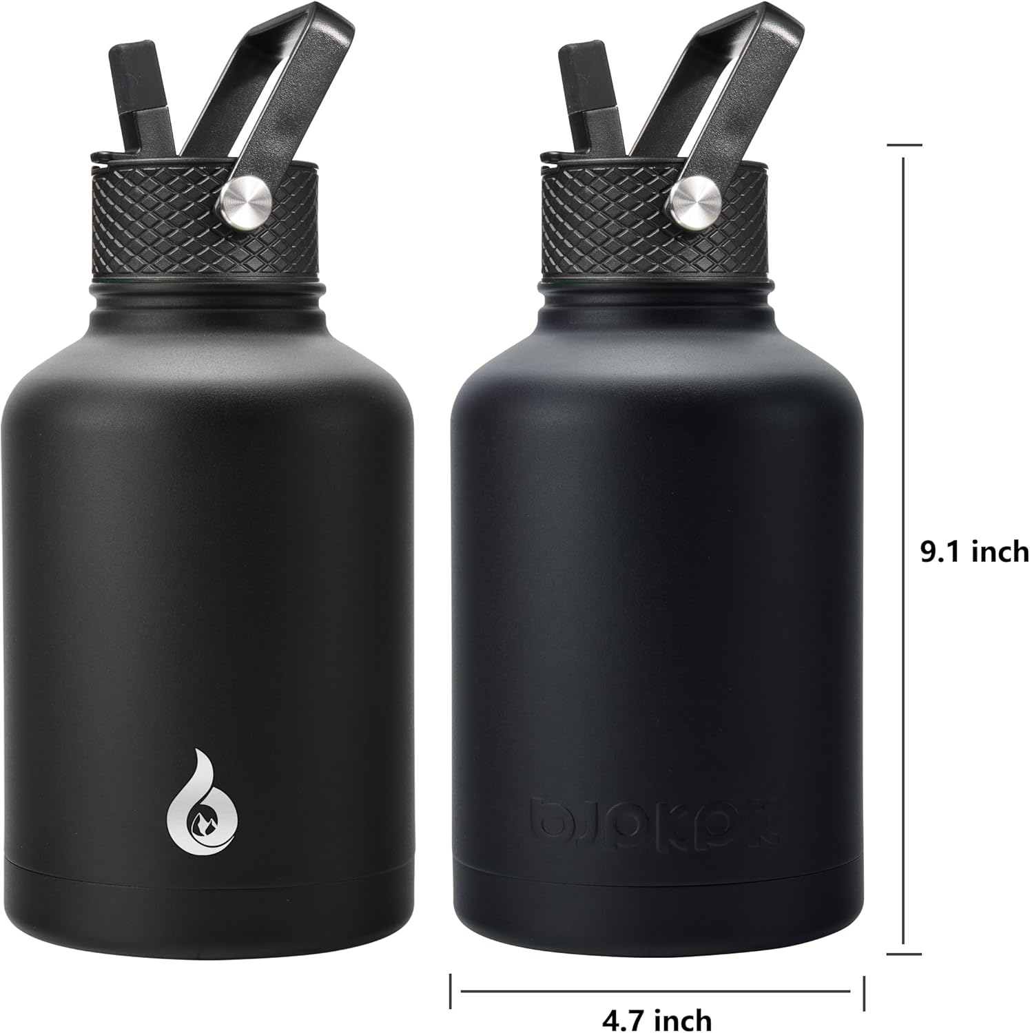 BJPKPK Insulated Water Bottles with Straw Lid, 50oz Large Water Jug, Stainless Steel Vacuum Bottles, Hot & Cold Thermos with 3 Lids and Paracord Handle In Black