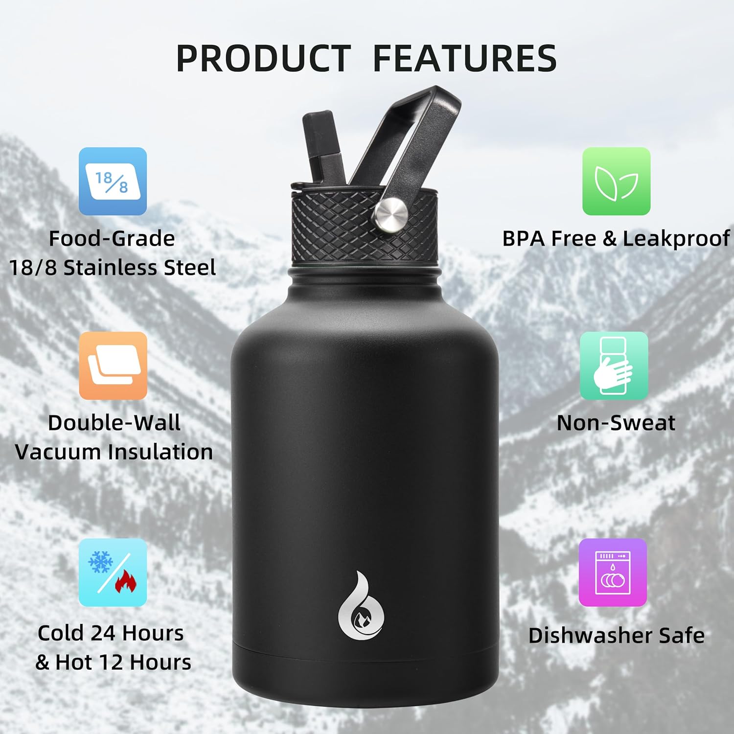 BJPKPK Insulated Water Bottles with Straw Lid, 50oz Large Water Jug, Stainless Steel Vacuum Bottles, Hot & Cold Thermos with 3 Lids and Paracord Handle In Black