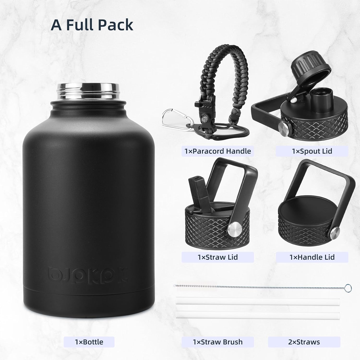 BJPKPK Insulated Water Bottles with Straw Lid, 50oz Large Water Jug, Stainless Steel Vacuum Bottles, Hot & Cold Thermos with 3 Lids and Paracord Handle In Black