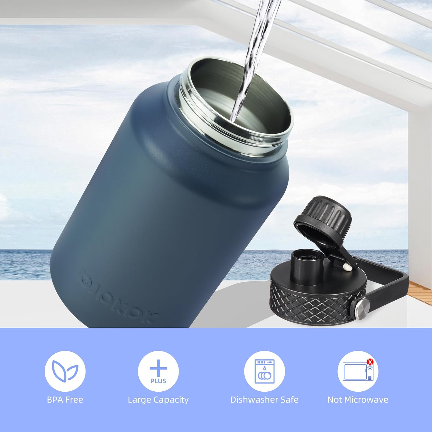 BJPKPK Insulated Water Bottles with Straw Lid, 50oz Large Water Jug, Stainless Steel Vacuum Bottles, Hot & Cold Thermos with 3 Lids and Paracord Handle In Black