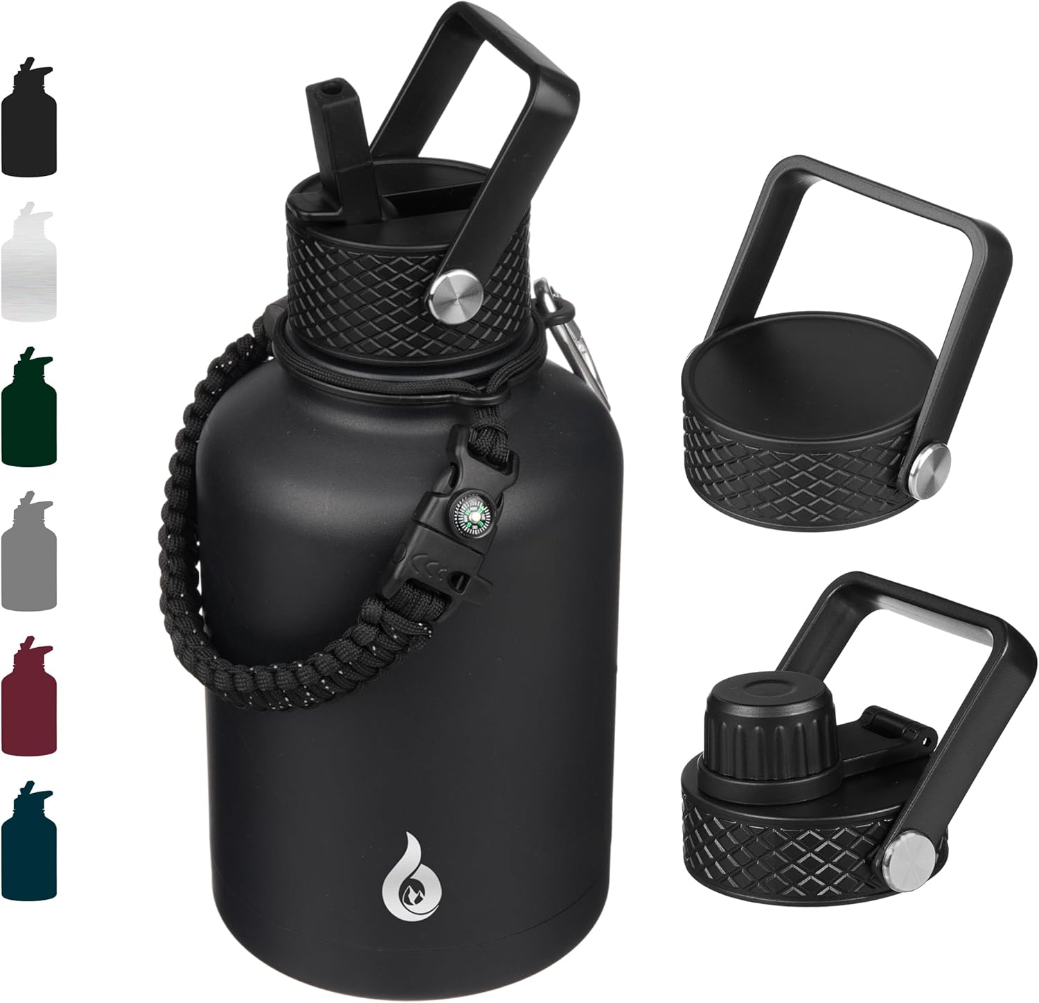 BJPKPK Insulated Water Bottles with Straw Lid, 50oz Large Water Jug, Stainless Steel Vacuum Bottles, Hot & Cold Thermos with 3 Lids and Paracord Handle In Black