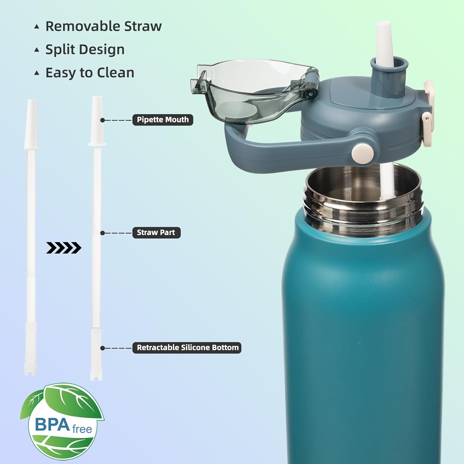 BJPKPK Insulated Water Bottles with Straw, 35 oz Stainless Steel Metal Water Bottle with One-handed Opening Lid, BPA Free Sport Jugs, Thermos, Flasks for Men & Women In Light Blue