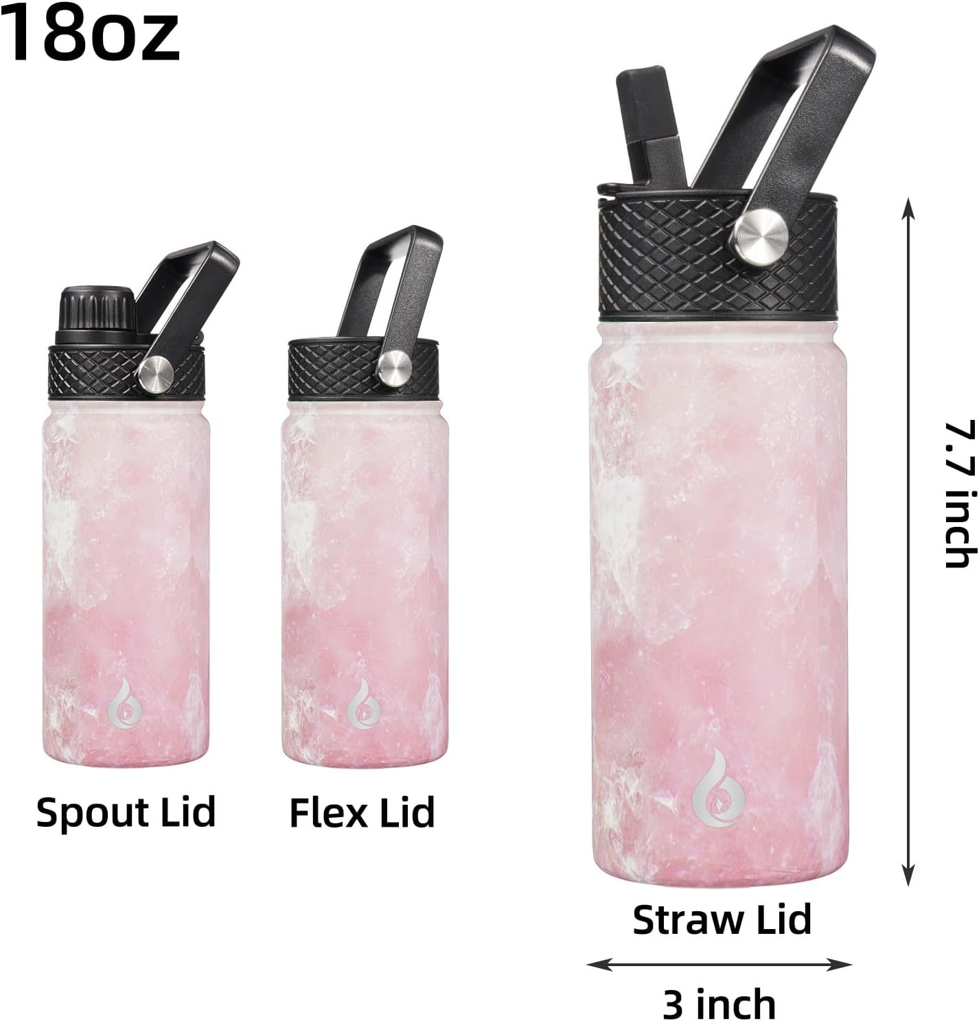 BJPKPK Insulated Water Bottles with Straw Lid, 18oz Stainless Steel Metal Water Bottle, Cold Hot Thermos with 3 Lids, Leak Proof BPA Free Travel Cup, Wide Mouth Flasks In Pink