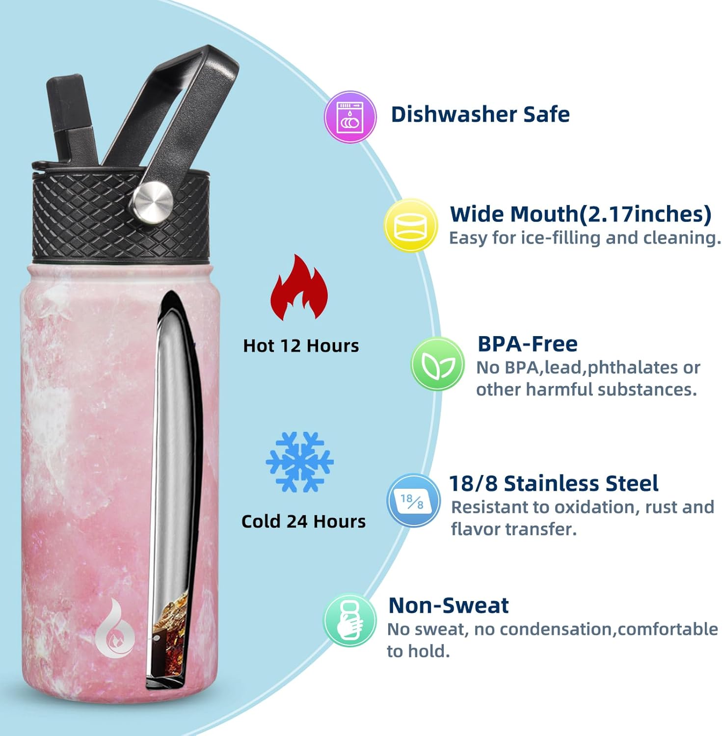 BJPKPK Insulated Water Bottles with Straw Lid, 18oz Stainless Steel Metal Water Bottle, Cold Hot Thermos with 3 Lids, Leak Proof BPA Free Travel Cup, Wide Mouth Flasks In Pink