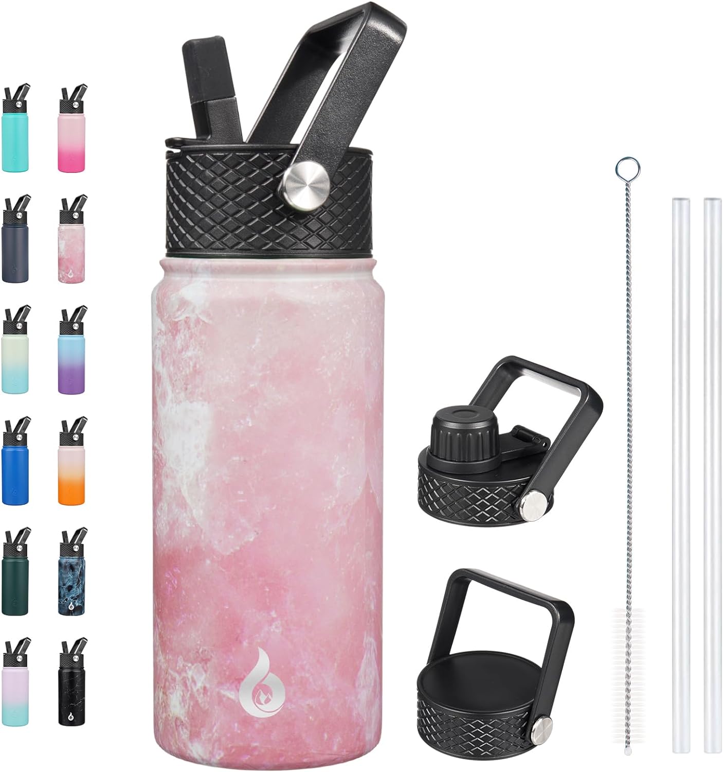BJPKPK Insulated Water Bottles with Straw Lid, 18oz Stainless Steel Metal Water Bottle, Cold Hot Thermos with 3 Lids, Leak Proof BPA Free Travel Cup, Wide Mouth Flasks In Pink
