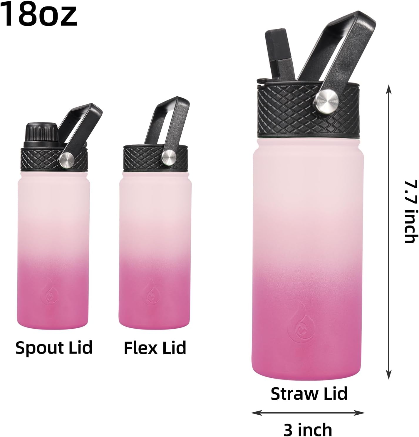 BJPKPK Insulated Water Bottles with Straw Lid, 18oz Stainless Steel Metal Water Bottle, Cold Hot Thermos with 3 Lids, Leak Proof BPA Free Travel Cup, Wide Mouth Flasks, Thermos In Pink
