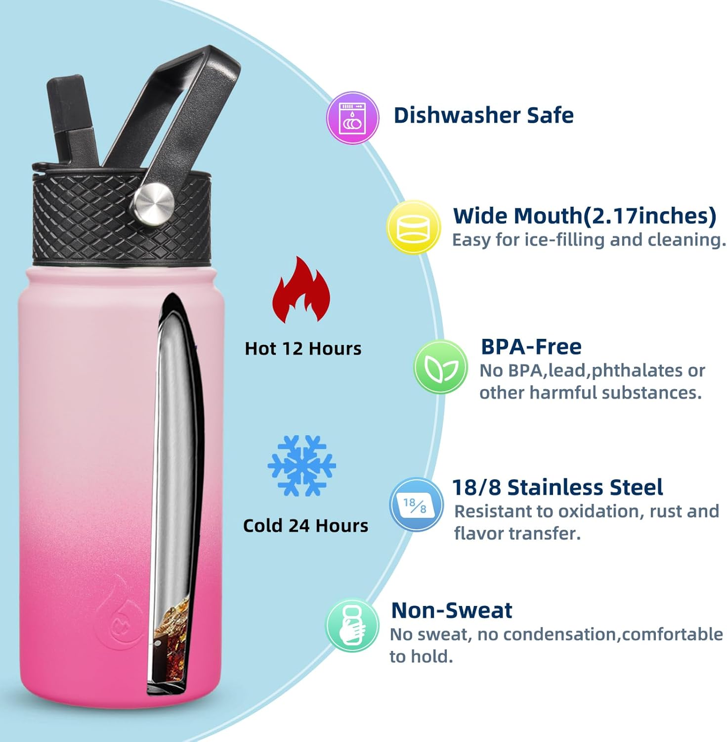 BJPKPK Insulated Water Bottles with Straw Lid, 18oz Stainless Steel Metal Water Bottle, Cold Hot Thermos with 3 Lids, Leak Proof BPA Free Travel Cup, Wide Mouth Flasks, Thermos In Pink
