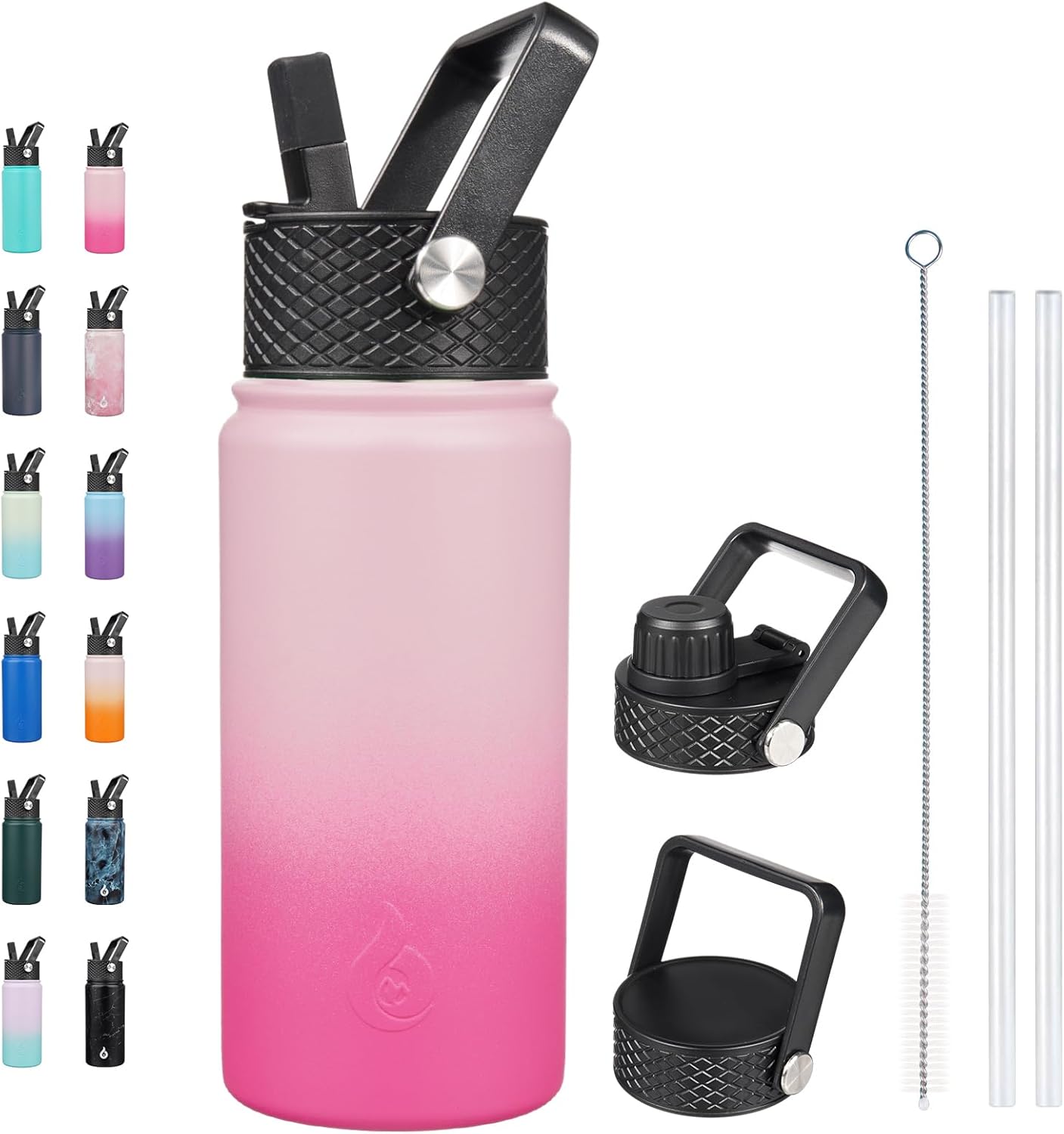 BJPKPK Insulated Water Bottles with Straw Lid, 18oz Stainless Steel Metal Water Bottle, Cold Hot Thermos with 3 Lids, Leak Proof BPA Free Travel Cup, Wide Mouth Flasks, Thermos In Pink