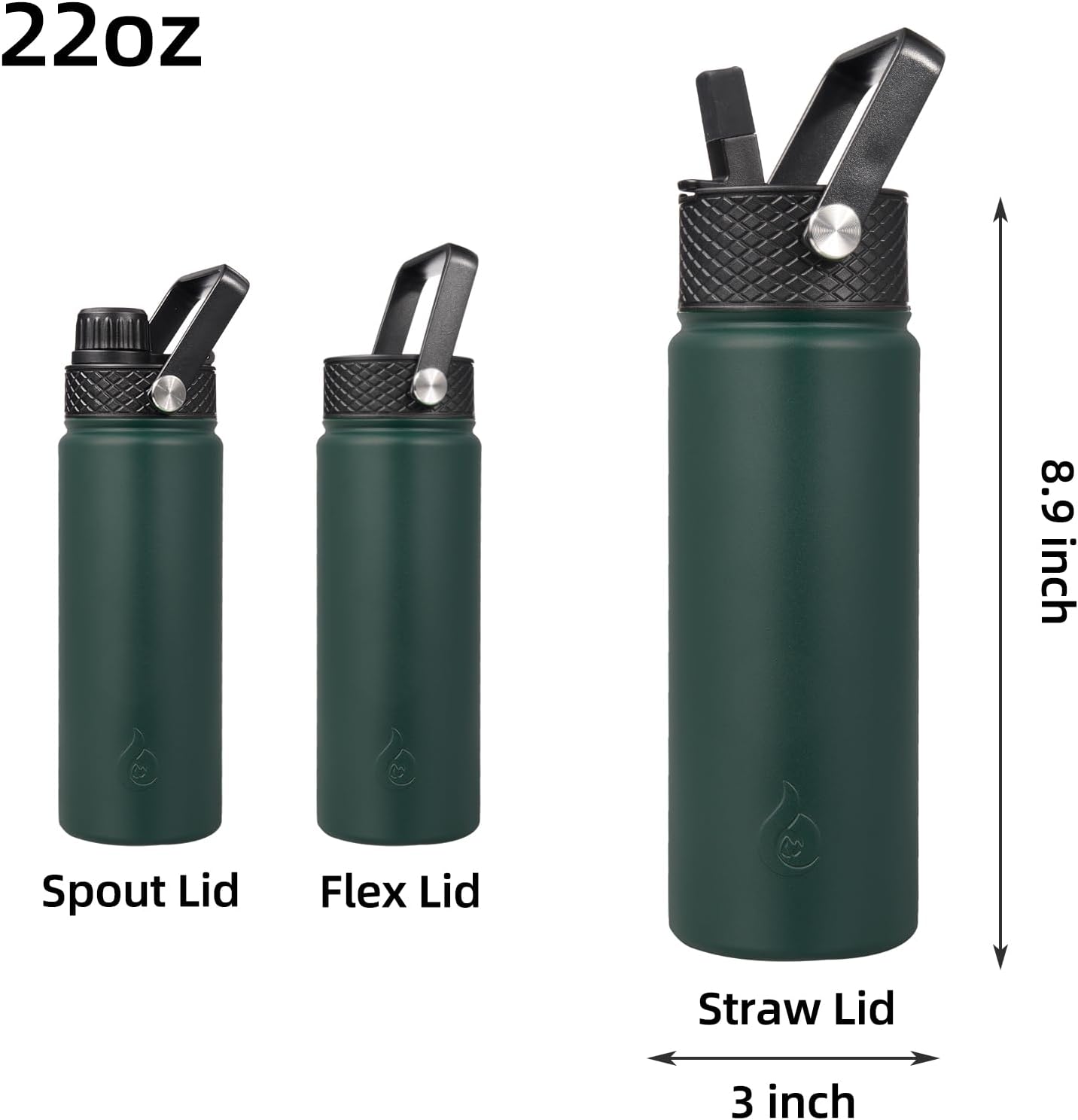 BJPKPK Insulated Water Bottles with Straw Lid, 22oz Cold & Hot Thermos, Stainless Steel Metal Water Bottle with 3 Lids, Reusable Thermos, Cups, Mugs for Daily Use In Green