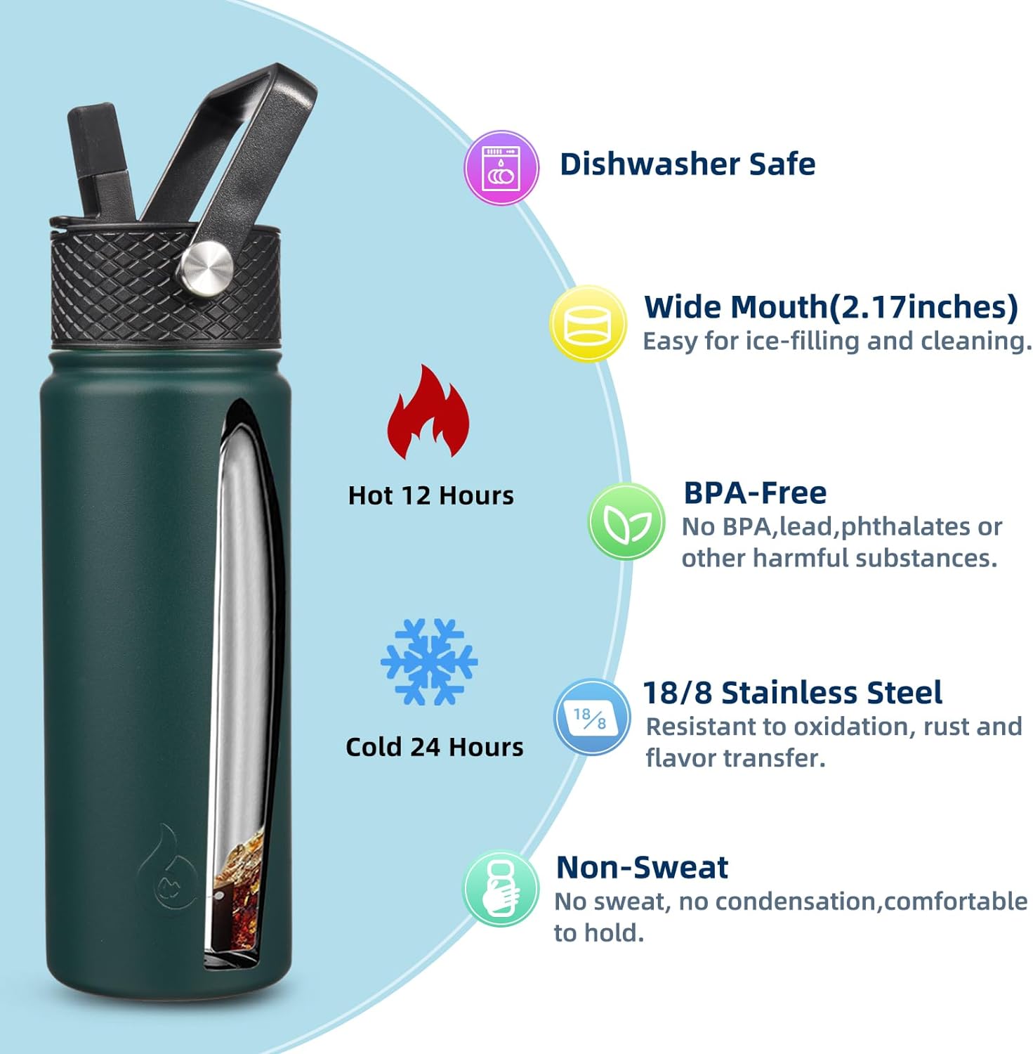 BJPKPK Insulated Water Bottles with Straw Lid, 22oz Cold & Hot Thermos, Stainless Steel Metal Water Bottle with 3 Lids, Reusable Thermos, Cups, Mugs for Daily Use In Green