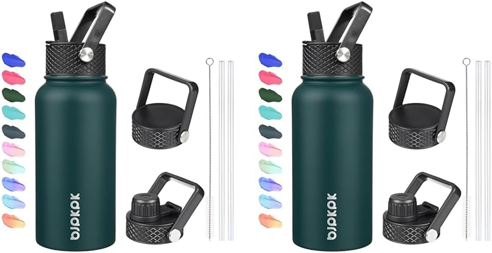 BJPKPK Insulated Water Bottles with Straw Lid, 27oz Stainless Steel Water Bottle with 3 Lids, Leak Proof BPA Free Metal Thermos Mug, Sports Water Bottle Keep Cold & Hot (Pack of 2) In Green