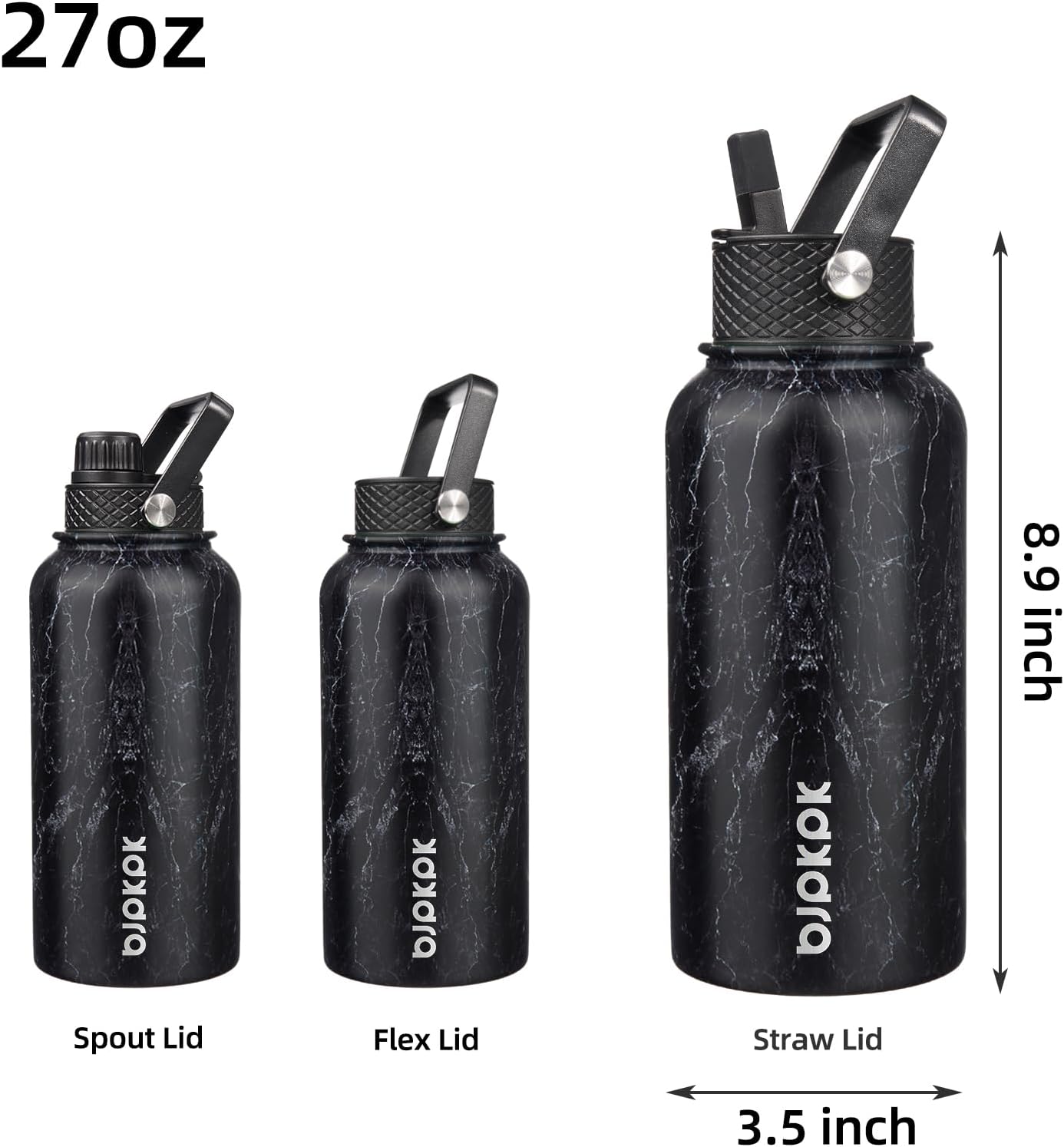 BJPKPK Insulated Water Bottles with Straw Lid, 27oz Stainless Steel Water Bottle with 3 Lids, Leak Proof BPA Free Metal Thermos Mug, Sports Water Bottle Keep Cold & Hot (Pack of 5) In Black