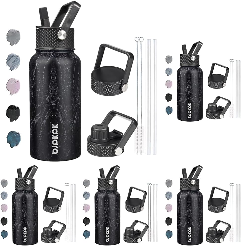 BJPKPK Insulated Water Bottles with Straw Lid, 27oz Stainless Steel Water Bottle with 3 Lids, Leak Proof BPA Free Metal Thermos Mug, Sports Water Bottle Keep Cold & Hot (Pack of 5) In Black