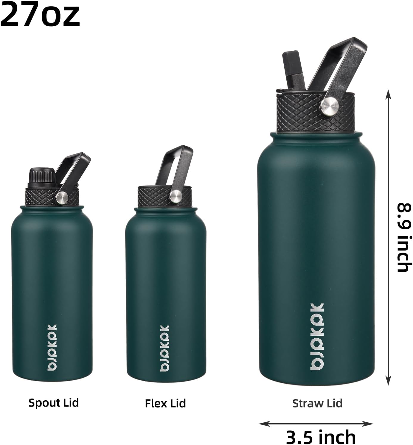 BJPKPK Insulated Water Bottles with Straw Lid, 27oz Stainless Steel Water Bottle with 3 Lids, Leak Proof BPA Free Metal Thermos, Mugs, Tumblers, Keep Cold Hot In Green