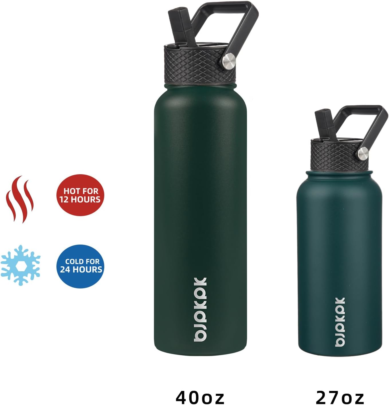 BJPKPK Insulated Water Bottles with Straw Lid, 27oz Stainless Steel Water Bottle with 3 Lids, Leak Proof BPA Free Metal Thermos, Mugs, Tumblers, Keep Cold Hot In Green