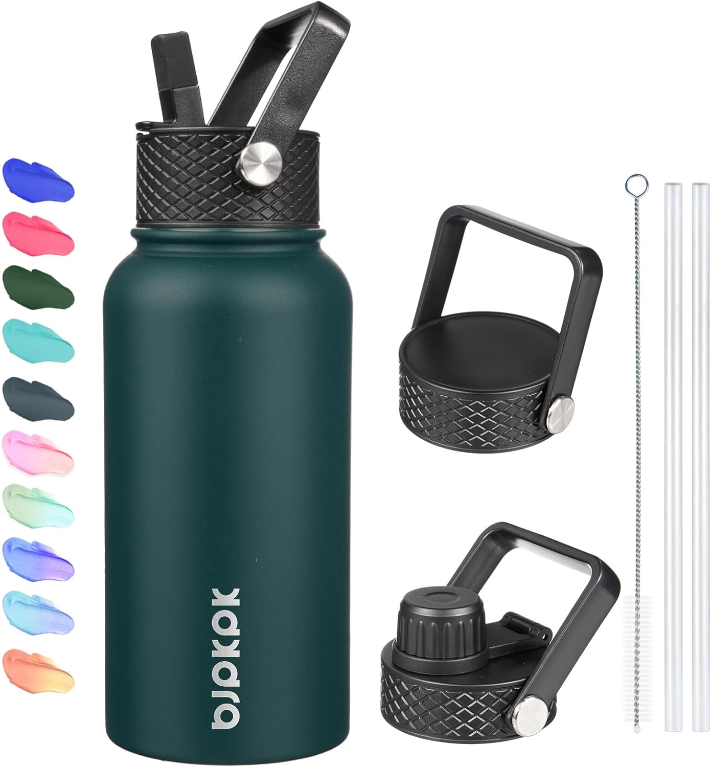BJPKPK Insulated Water Bottles with Straw Lid, 27oz Stainless Steel Water Bottle with 3 Lids, Leak Proof BPA Free Metal Thermos, Mugs, Tumblers, Keep Cold Hot In Green