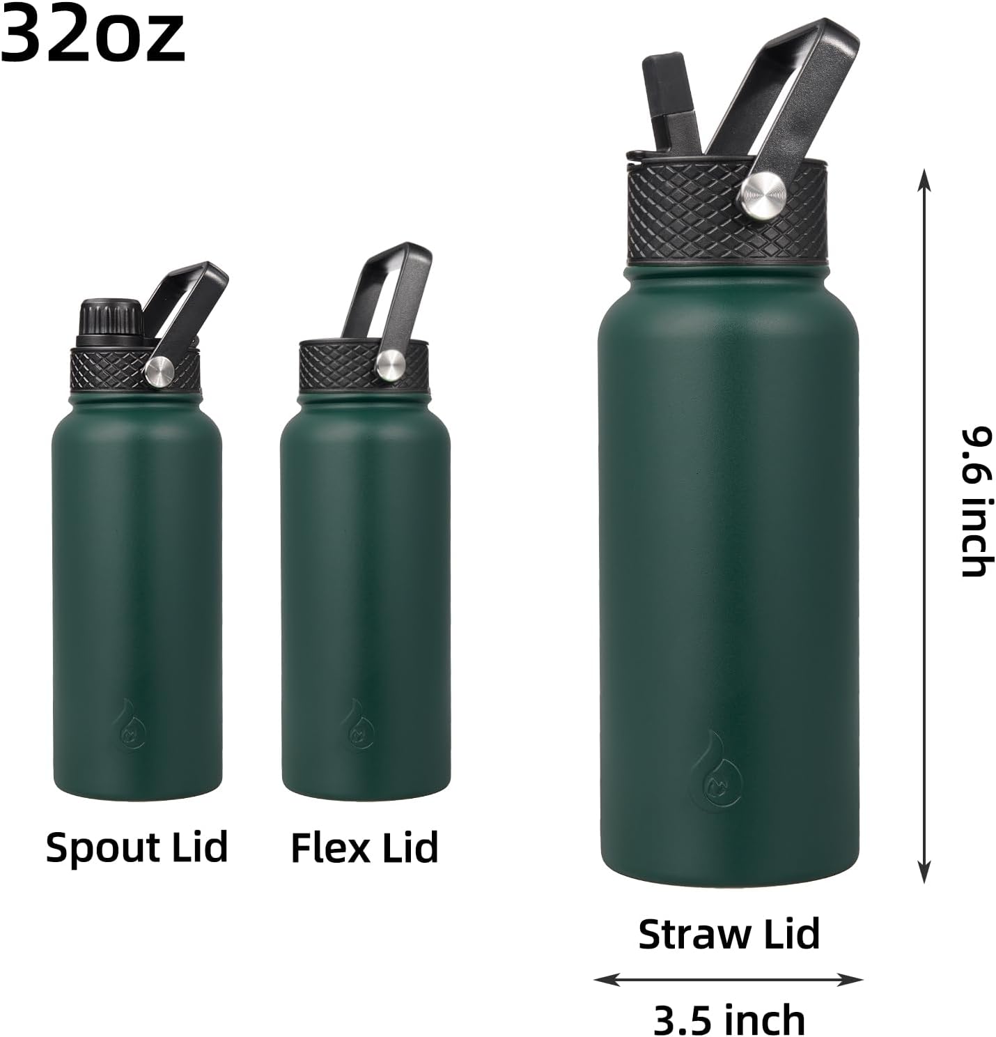 BJPKPK Insulated Water Bottles with Straw Lid, 32oz Metal Large Water Bottle with 3 Lids, Reusable Leak Proof BPA Free Thermos, Stainless Steel Tumblers for Sports, Gym, Travel In Green
