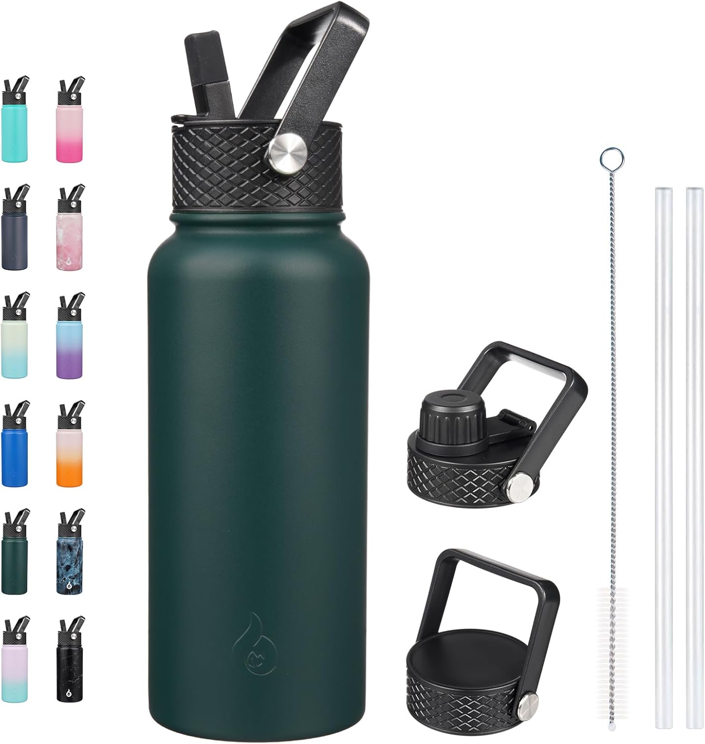 BJPKPK Insulated Water Bottles with Straw Lid, 32oz Metal Large Water Bottle with 3 Lids, Reusable Leak Proof BPA Free Thermos, Stainless Steel Tumblers for Sports, Gym, Travel In Green