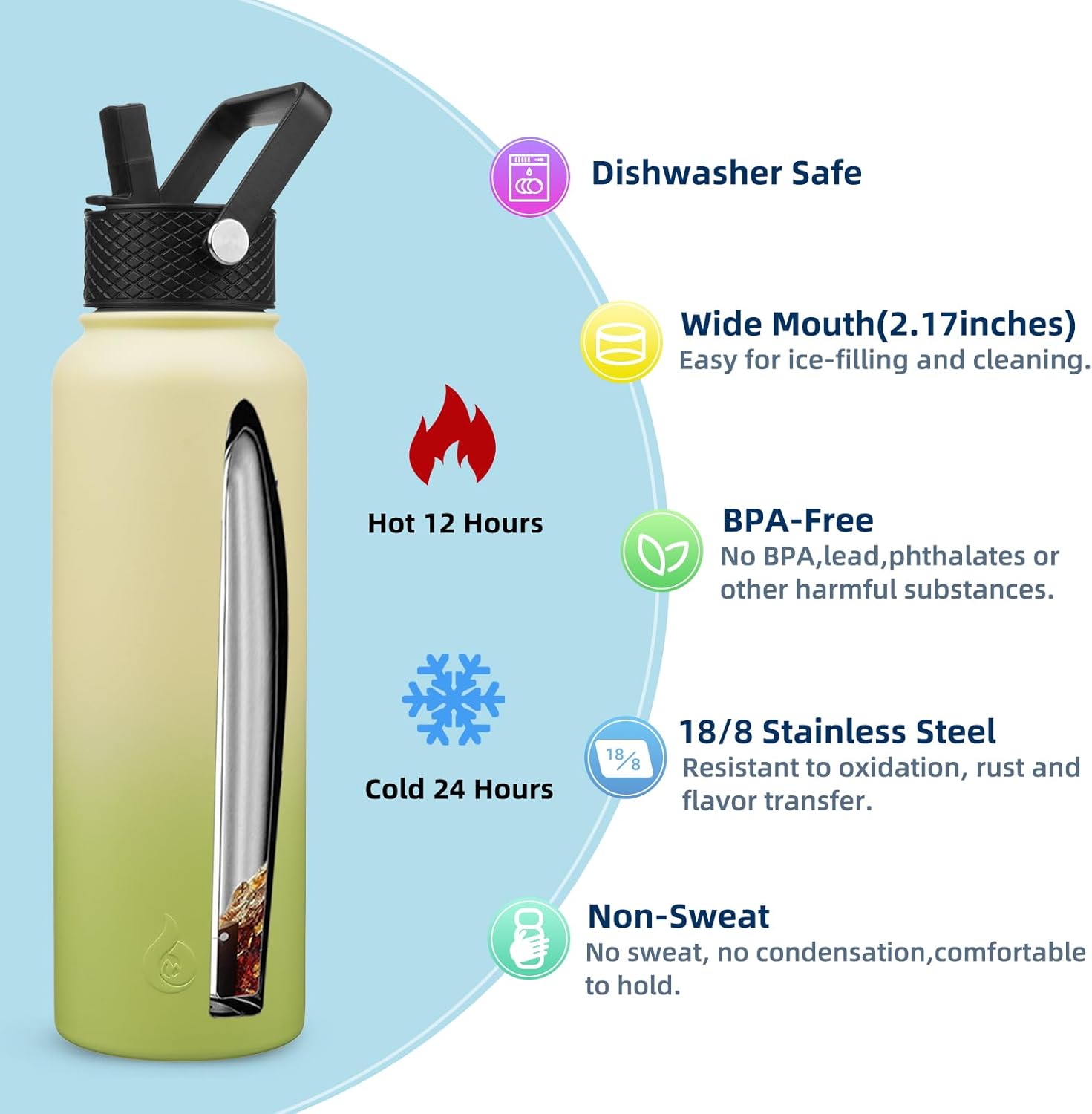 BJPKPK Insulated Water Bottles with Straw Lid, 40oz Cold & Hot Thermos, Stainless Steel Metal Water Bottle with 3 Lids, Reusable Thermos, Cups, Mugs, Tumblers In Yellow
