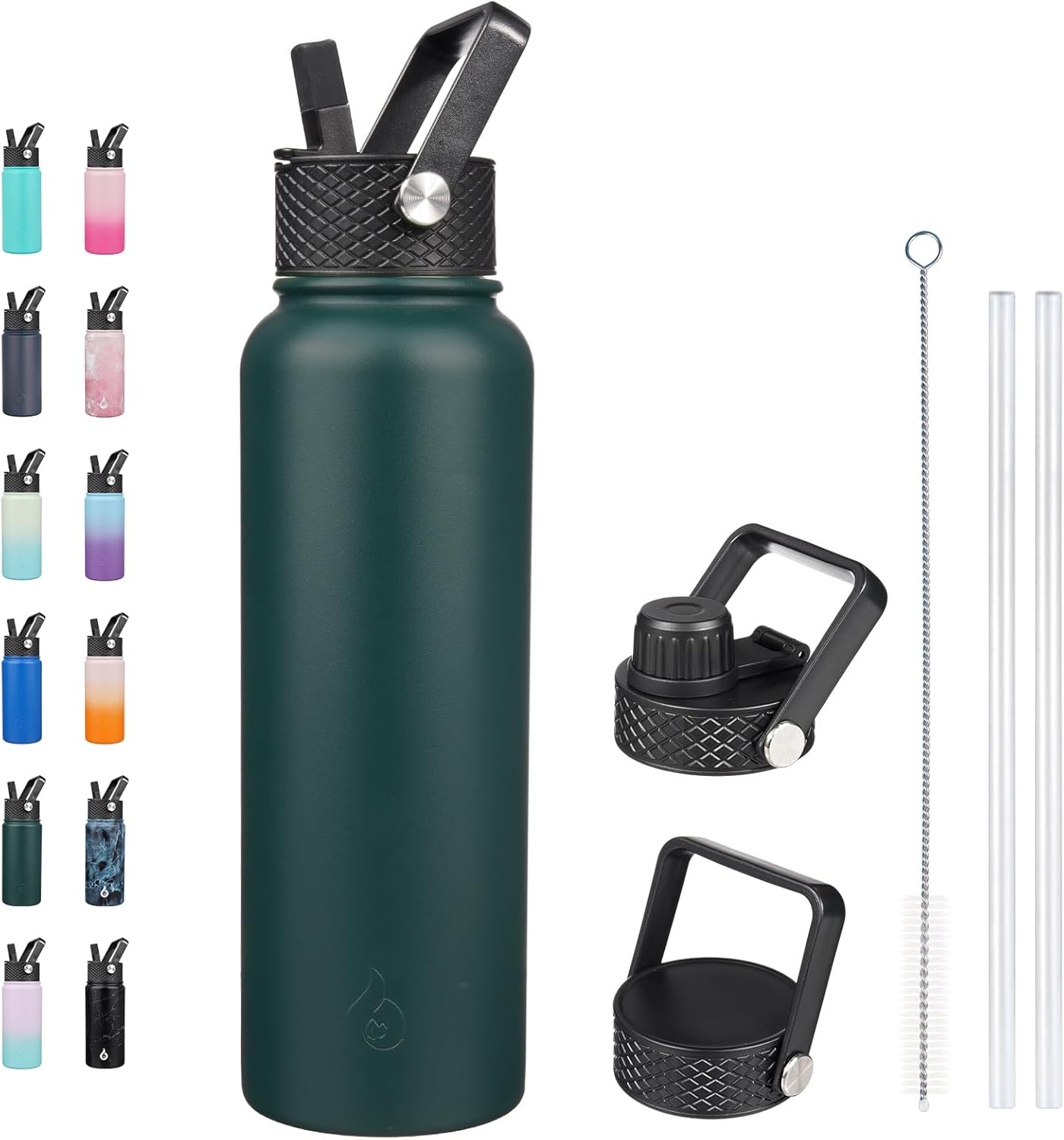 BJPKPK Insulated Water Bottles with Straw Lid, 40oz Stainless Steel Metal Water Bottle with 3 Lids, Reusable Thermos, Keep Cold Hot for Sports, Gym In Green