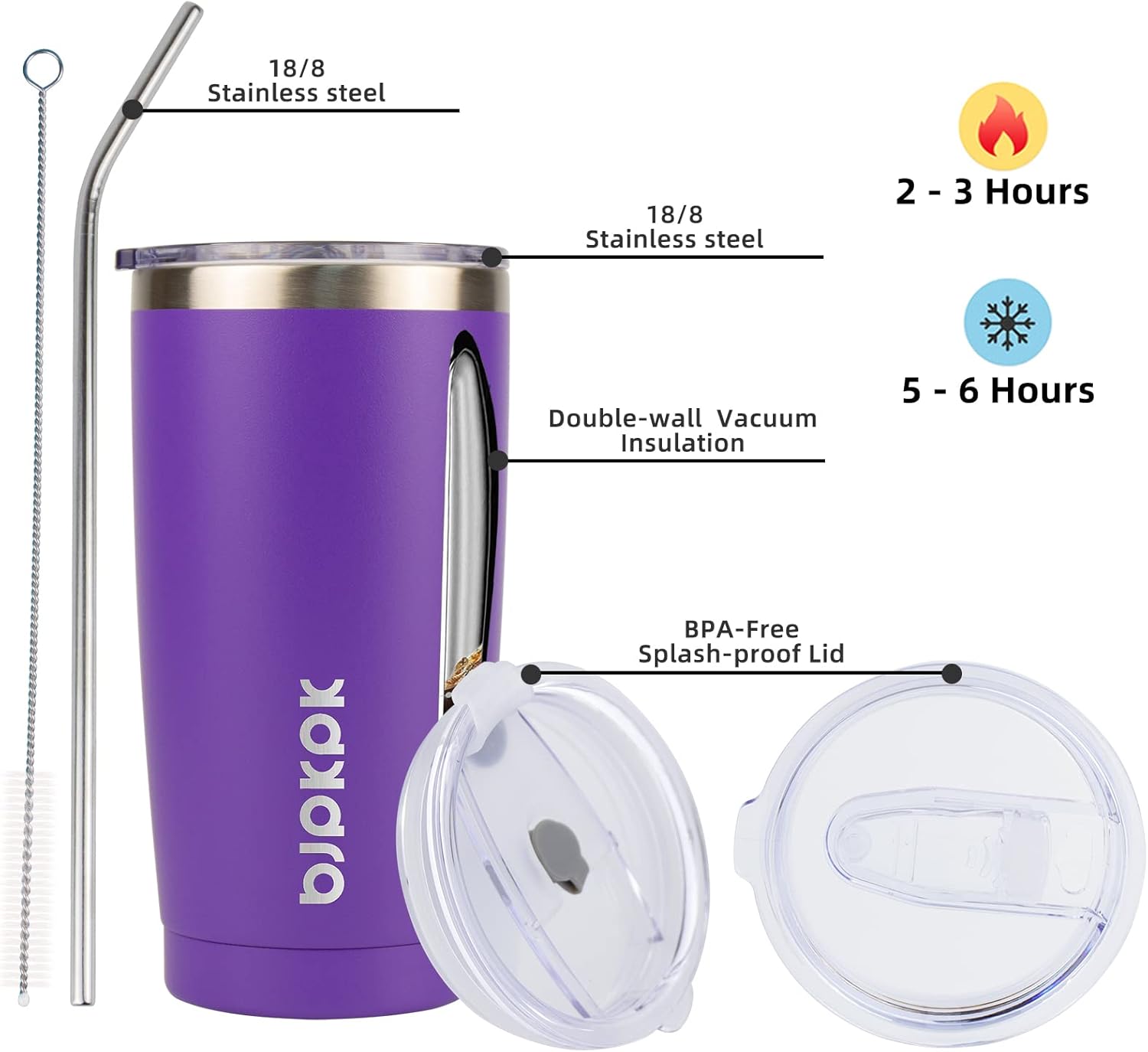 BJPKPK Purple Insulated Tumbler With Lid And Straw 20 oz Stainless Steel Tumblers Coffee Thermal Cup In Purple