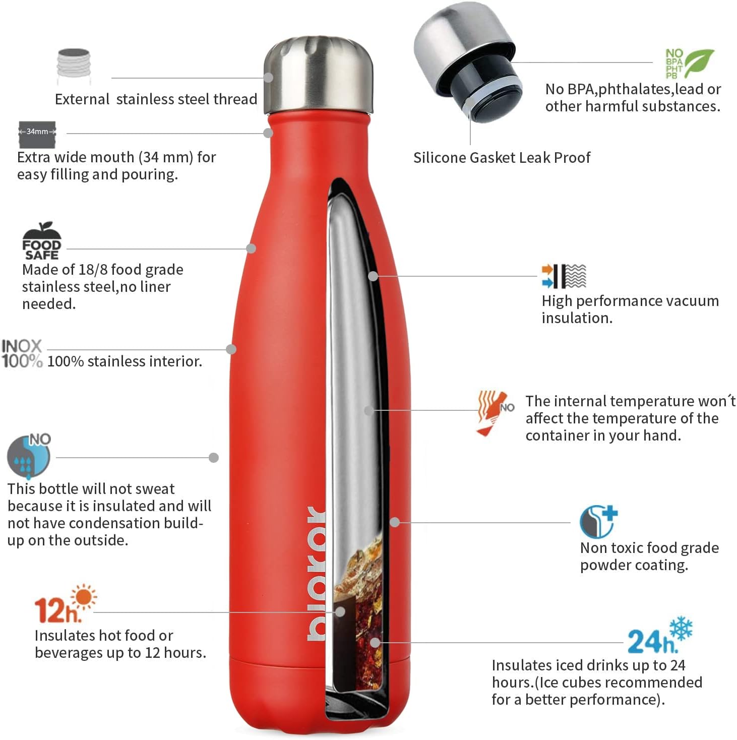 BJPKPK Stainless Steel Water Bottles 17oz Insulated Water Bottle Travel Sports Water Bottles BPA Free (Pack of 2) In Red