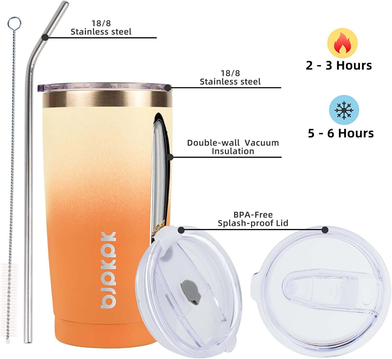 BJPKPK Tumbler with Lid and Straw, 20 oz Stainless Steel Vacuum Insulated Color Block Tumblers, Double Wall Ice Coffee Thermal Cup Travel Mug In Coral