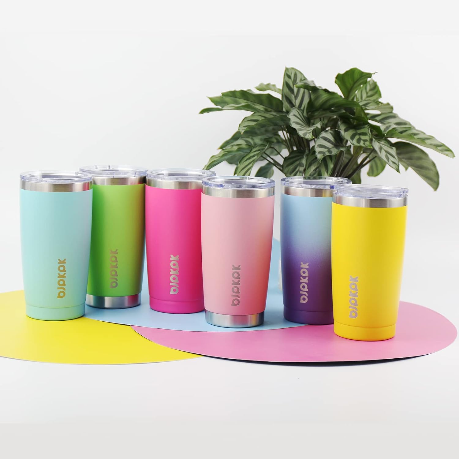 BJPKPK Tumbler with Lid and Straw, 20 oz Stainless Steel Vacuum Insulated Color Block Tumblers, Double Wall Ice Coffee Thermal Cup Travel Mug In Coral