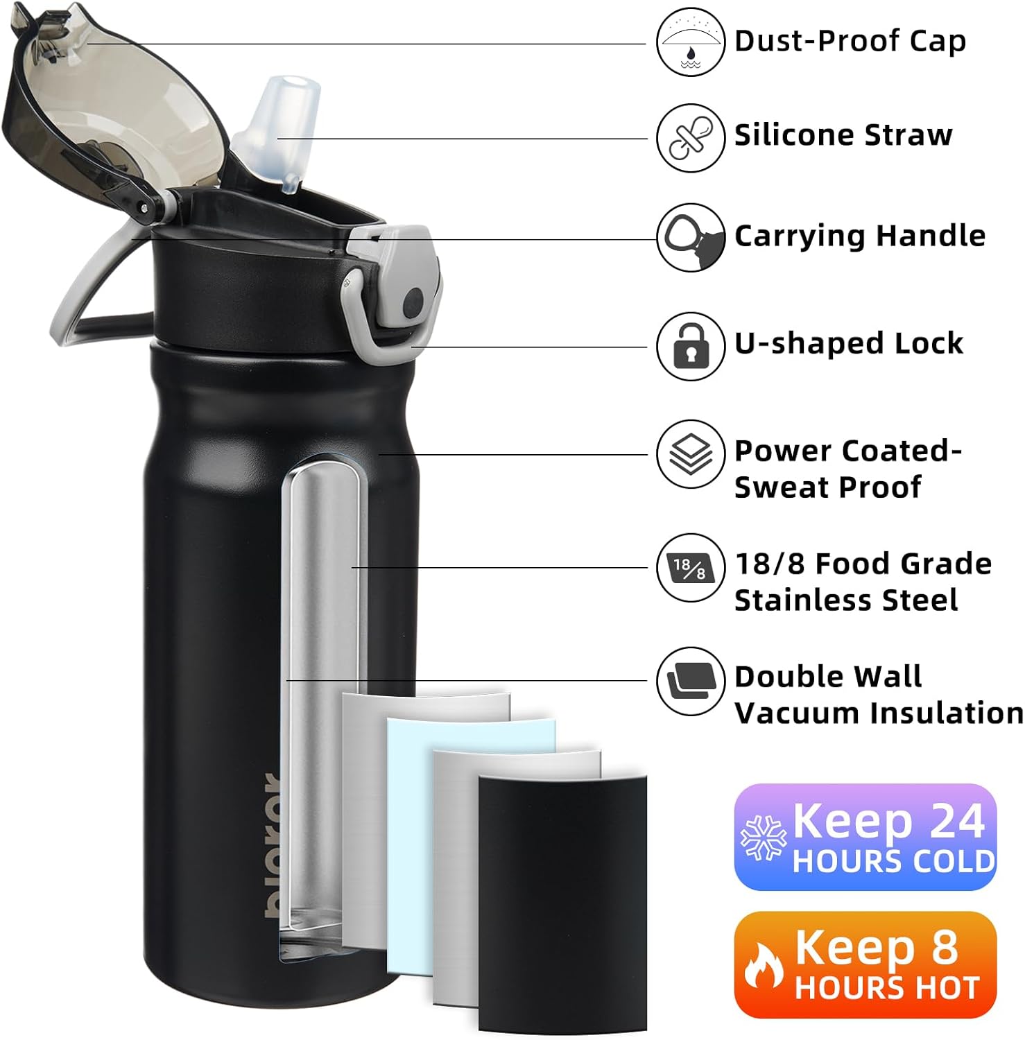 BJPKPK Water Bottle With Straw 18oz Insulated Water Bottles Reusable Stainless Steel Metal Thermos With Leak Proof Lockable Lid And Carry Handle In Black