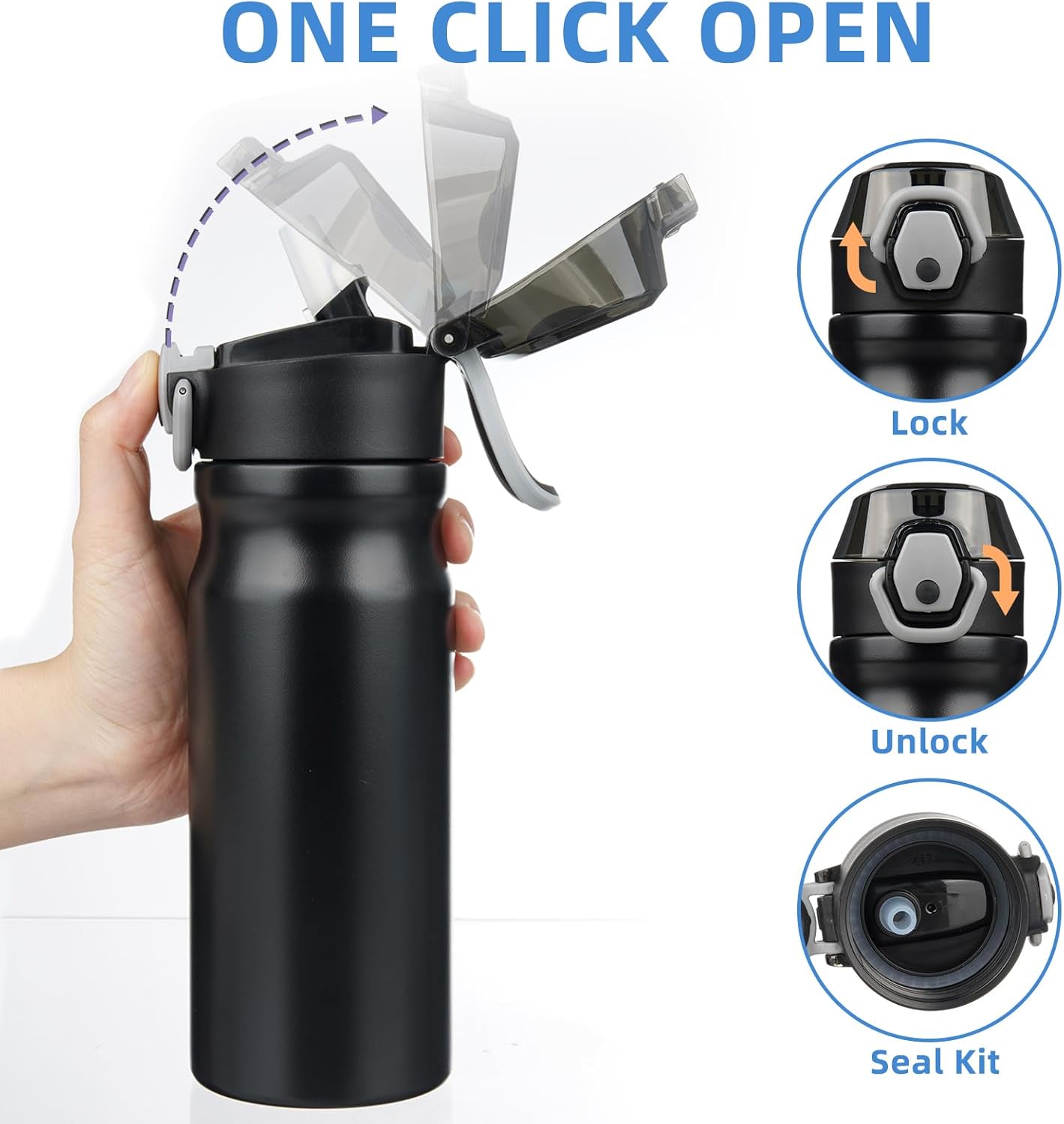 BJPKPK Water Bottle With Straw 18oz Insulated Water Bottles Reusable Stainless Steel Metal Thermos With Leak Proof Lockable Lid And Carry Handle In Black
