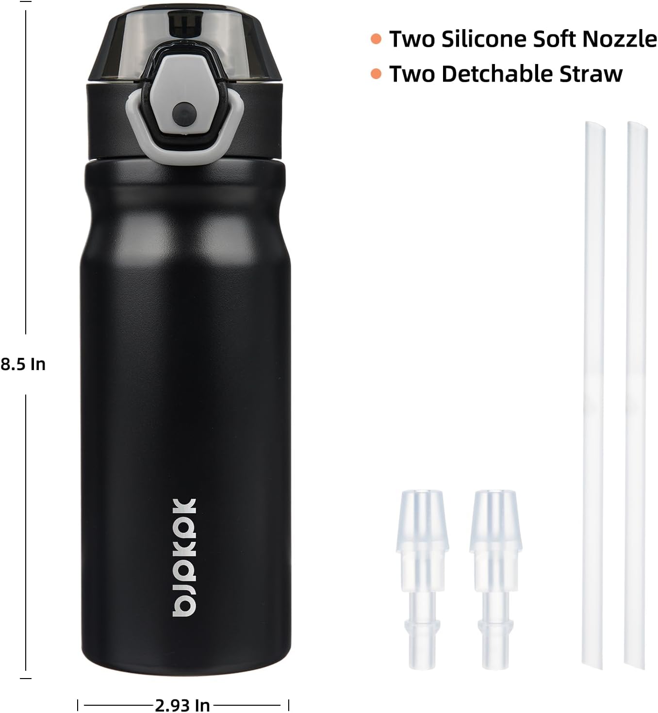 BJPKPK Water Bottle With Straw 18oz Insulated Water Bottles Reusable Stainless Steel Metal Thermos With Leak Proof Lockable Lid And Carry Handle In Black