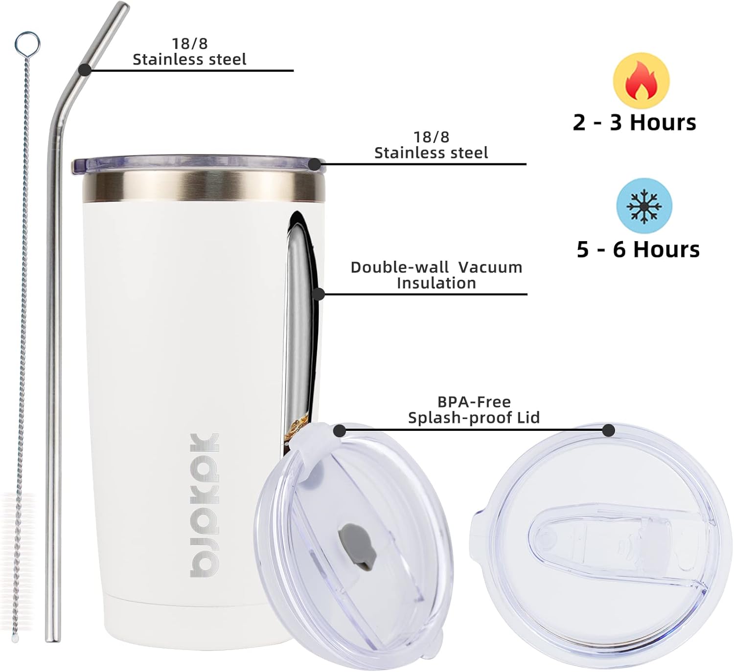 BJPKPK White Stainless Steel Tumbler With Lid And Straw 20 oz Insulated Tumblers Thermal Cup For Hot And Cold Drinks In White