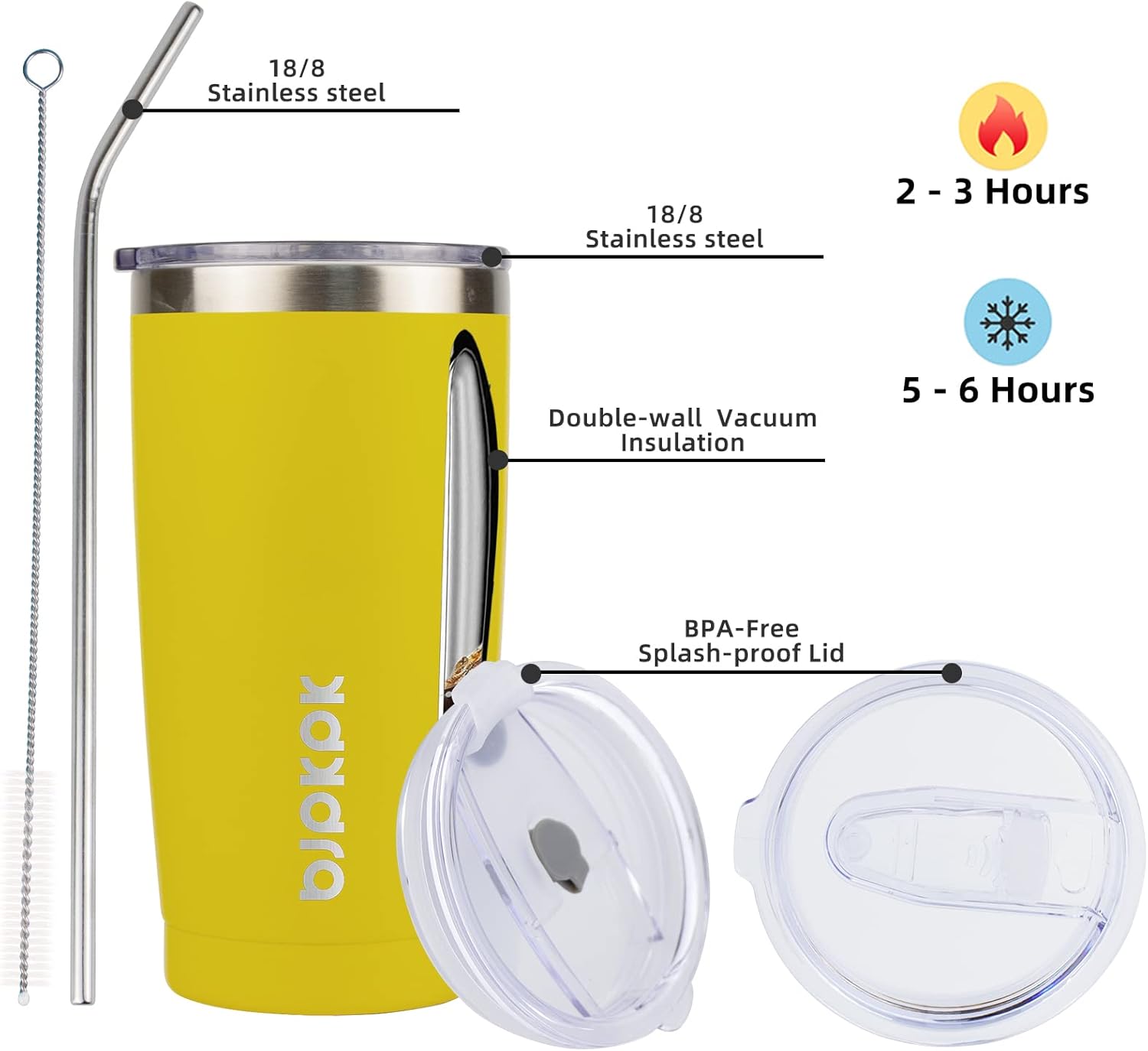 BJPKPK Yellow Stainless Steel Tumbler With Lid And Straw 20 oz Insulated Tumblers Thermal Cup For Hot And Cold Drinks In Yellow